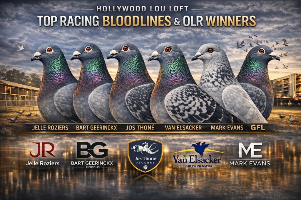 Poster featuring six racing pigeons and logos