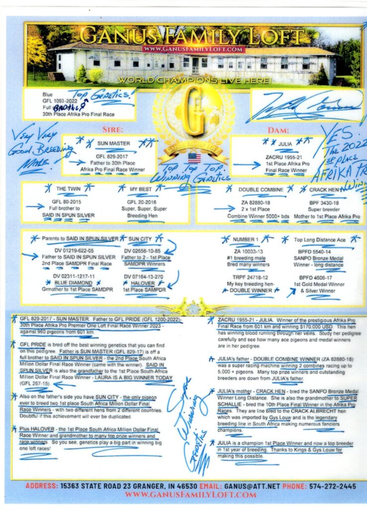 Pedigree sheet with blue handwriting and seal