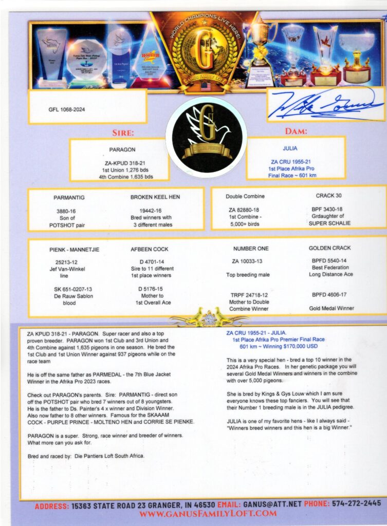 Paragon pigeon pedigree sheet with crest